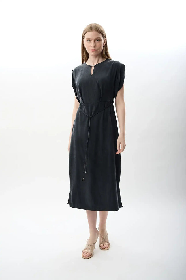 Belden Bağlamalı Yırtmaçlı Elbise (Lacivert)