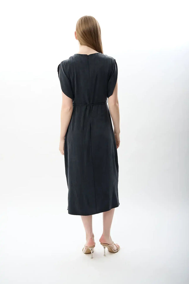 Belden Bağlamalı Yırtmaçlı Elbise (Lacivert)