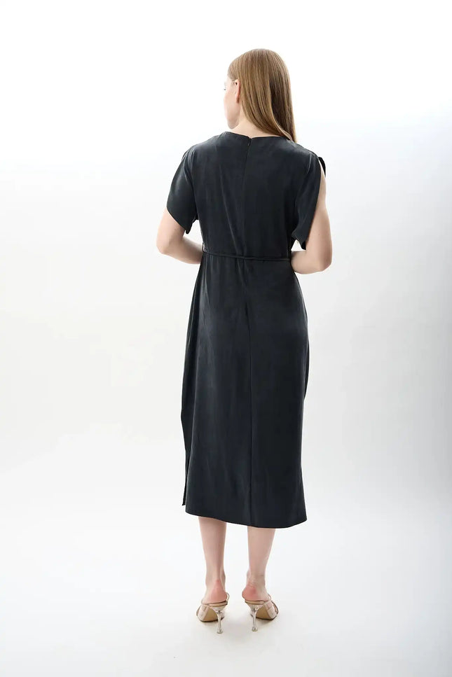 Belden Bağlamalı Yırtmaçlı Elbise (Lacivert)