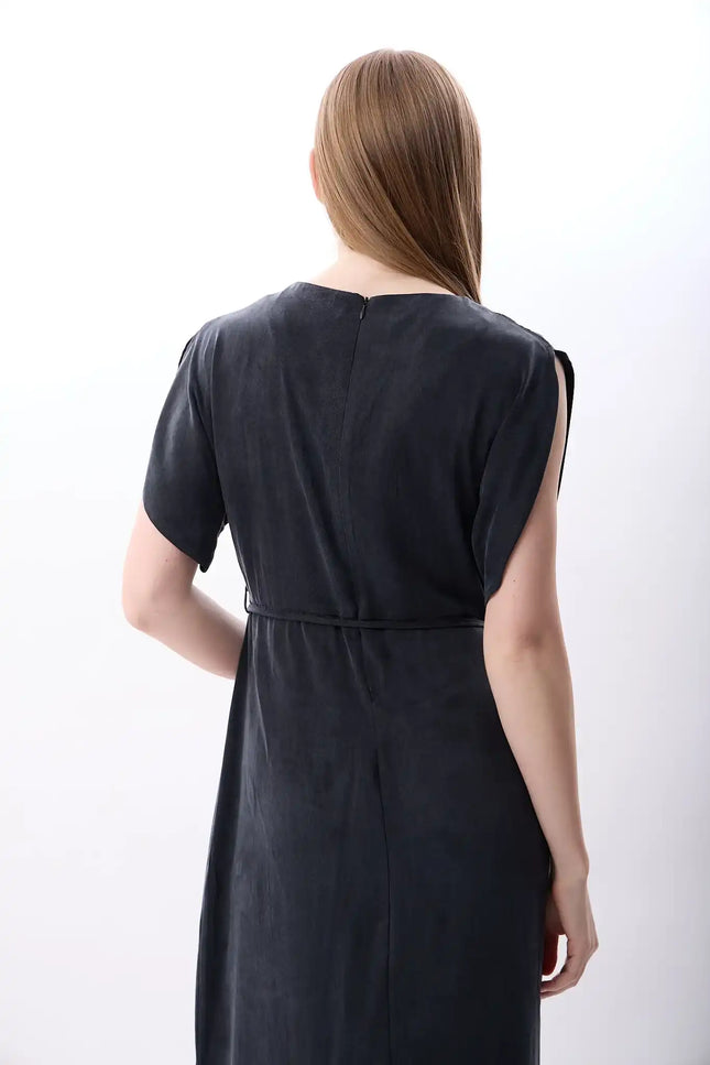 Belden Bağlamalı Yırtmaçlı Elbise (Lacivert)