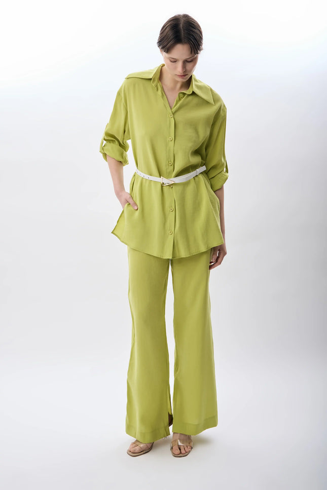 Yırtmaç Detay Kemerli Gömlek (Yeşi)