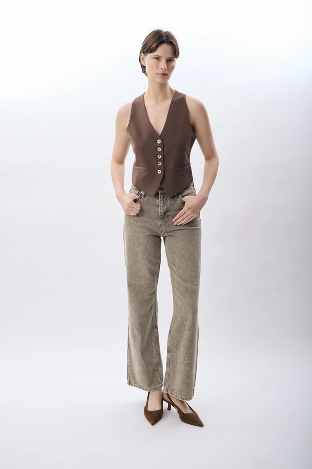 Dikiş Detaylı Kısa Yelek (Kahve)