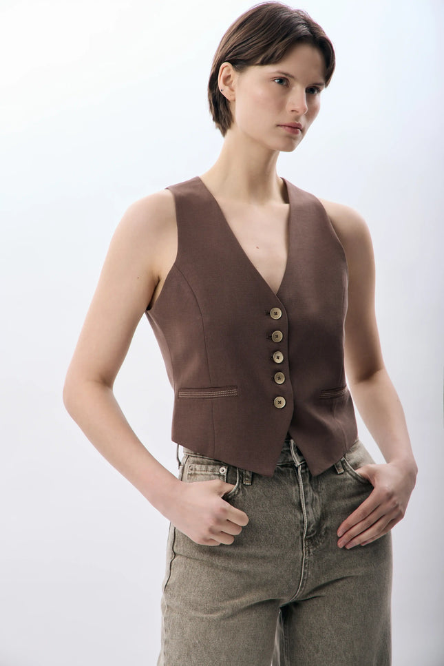 Dikiş Detaylı Kısa Yelek (Kahve)