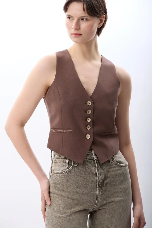 Dikiş Detaylı Kısa Yelek (Kahve)
