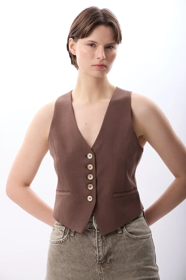 Dikiş Detaylı Kısa Yelek (Kahve)