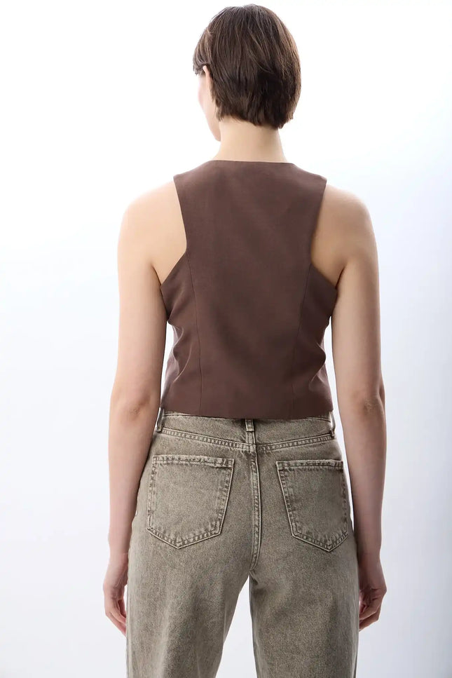 Dikiş Detaylı Kısa Yelek (Kahve)