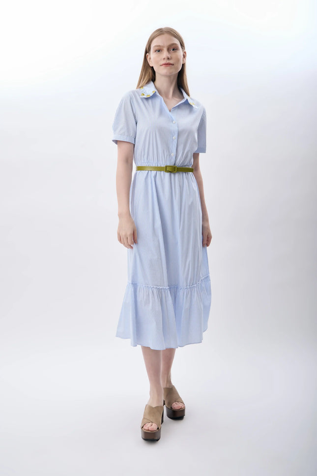 Çizgili Kemerli Gömlek Elbise (Mavi)