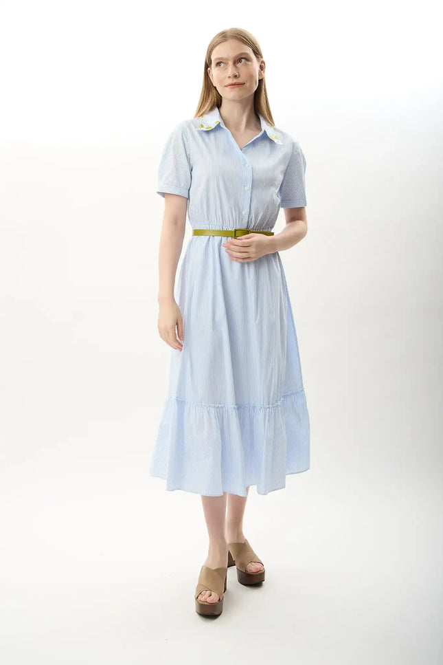 Çizgili Kemerli Gömlek Elbise (Mavi)