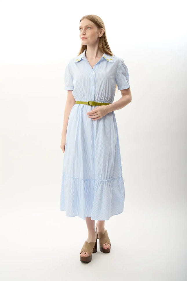 Çizgili Kemerli Gömlek Elbise (Mavi)