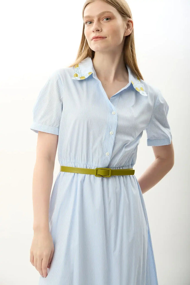 Çizgili Kemerli Gömlek Elbise (Mavi)