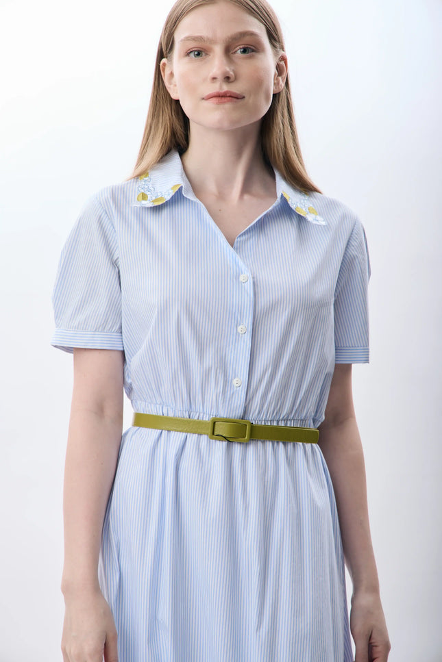 Çizgili Kemerli Gömlek Elbise (Mavi)