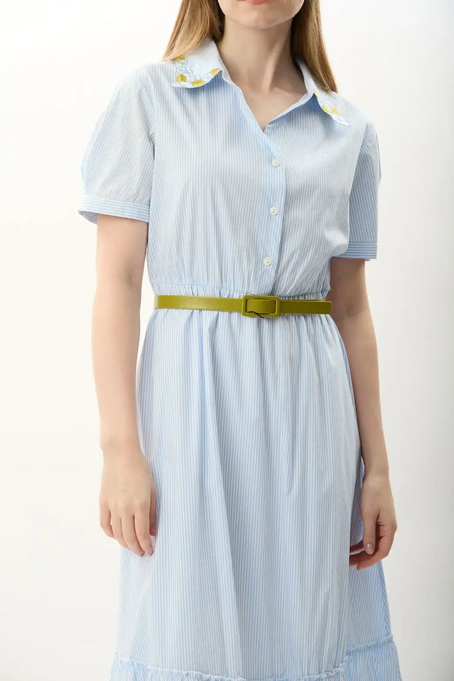 Çizgili Kemerli Gömlek Elbise (Mavi)