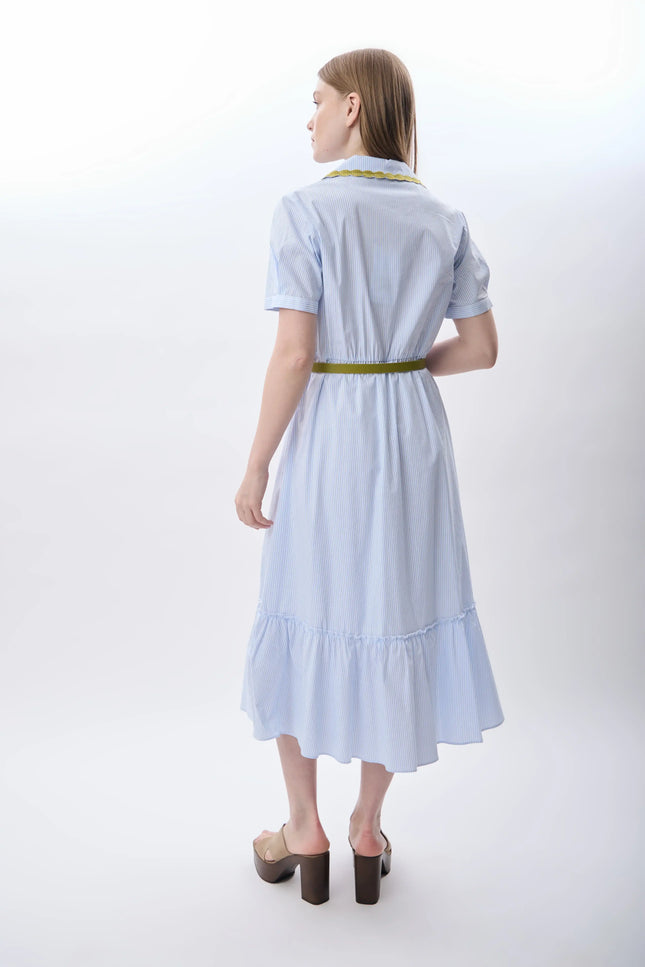 Çizgili Kemerli Gömlek Elbise (Mavi)