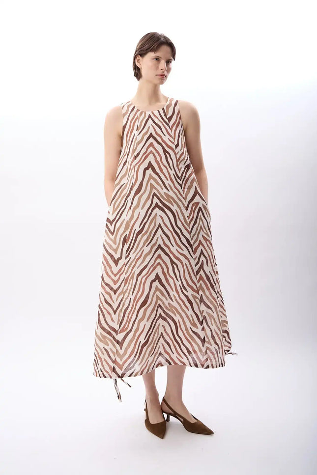 Zebra Desenli Bol Kesim Elbise (Kahve)