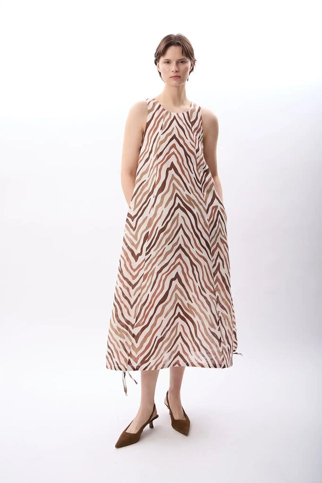 Zebra Desenli Bol Kesim Elbise (Kahve)