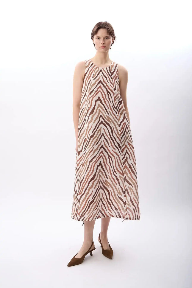 Zebra Desenli Bol Kesim Elbise (Kahve)