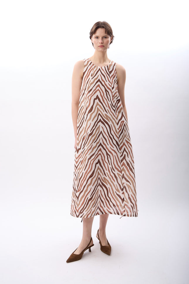 Zebra Desenli Bol Kesim Elbise (Kahve)