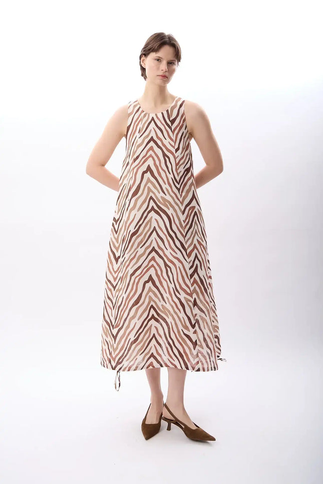 Zebra Desenli Bol Kesim Elbise (Kahve)