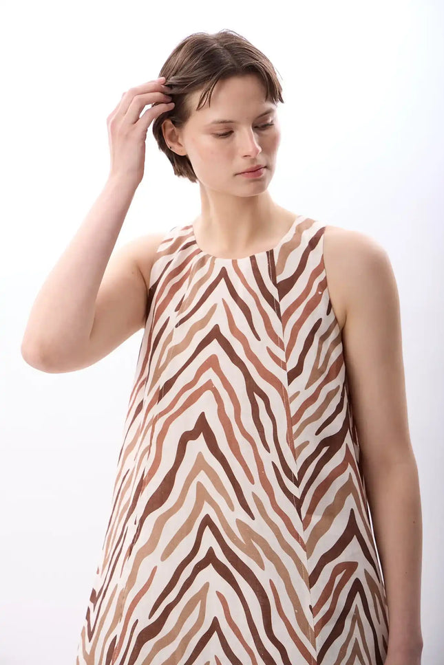 Zebra Desenli Bol Kesim Elbise (Kahve)