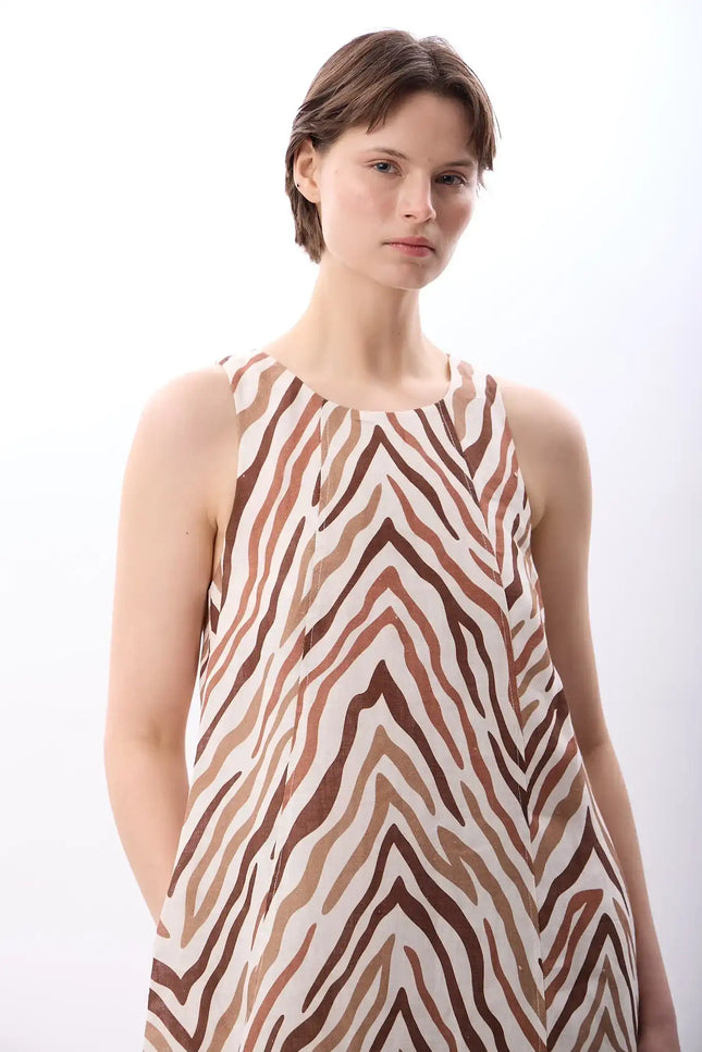 Zebra Desenli Bol Kesim Elbise (Kahve)