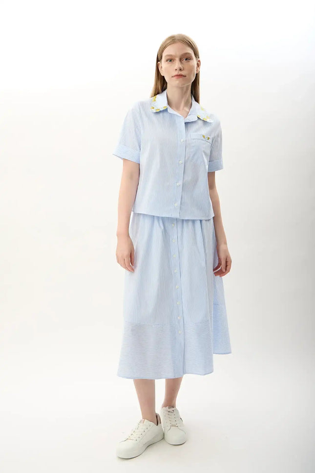 Beli Lastikli Düğmeli Etek (Mavi)