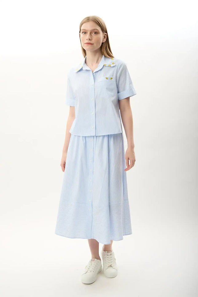 Beli Lastikli Düğmeli Etek (Mavi)