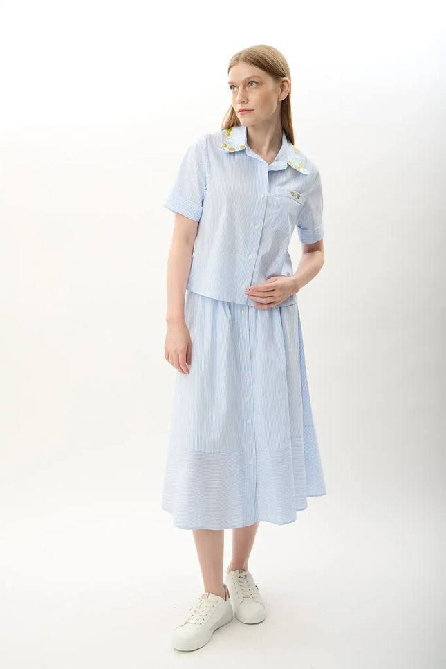 Beli Lastikli Düğmeli Etek (Mavi)