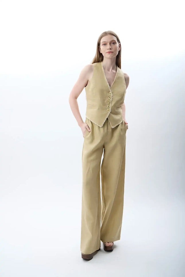 Düğmeli Keten Kolsuz Yelek (Bej)