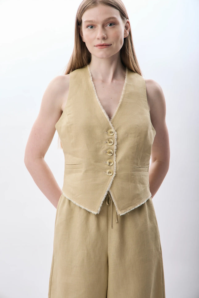 Düğmeli Keten Kolsuz Yelek (Bej)