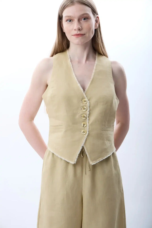 Düğmeli Keten Kolsuz Yelek (Bej)