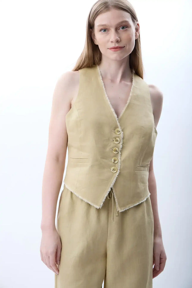 Düğmeli Keten Kolsuz Yelek (Bej)