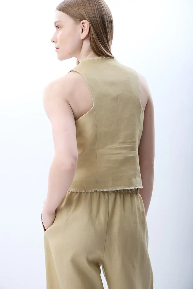 Düğmeli Keten Kolsuz Yelek (Bej)