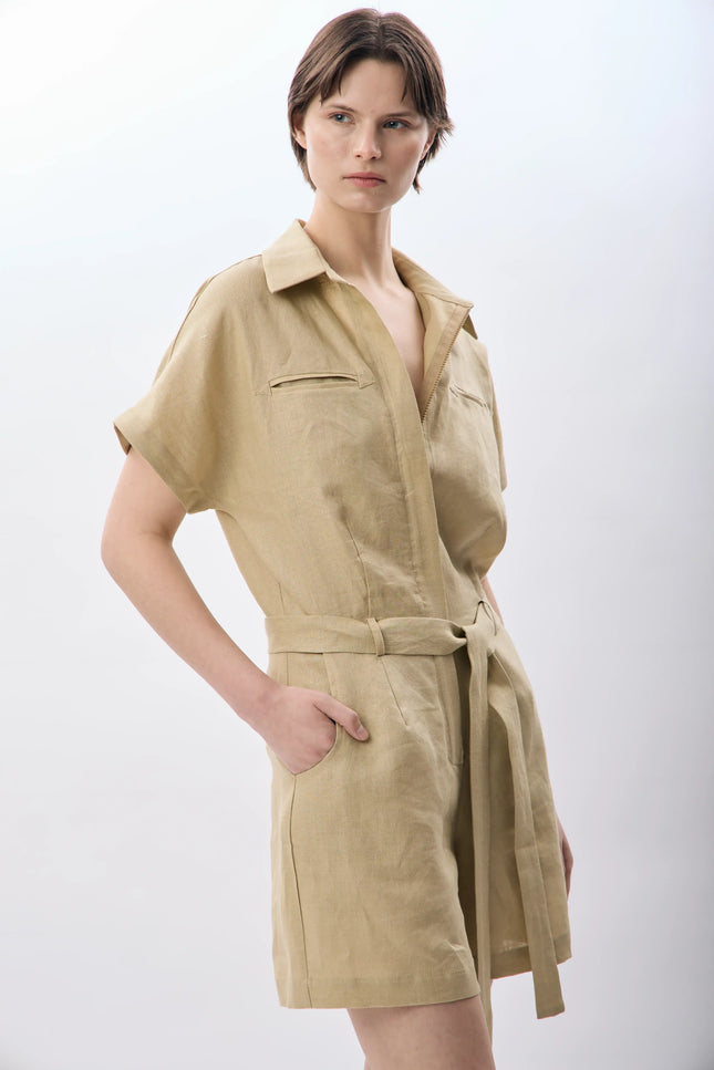 Gömlek Yaka Keten Tulum (Bej)