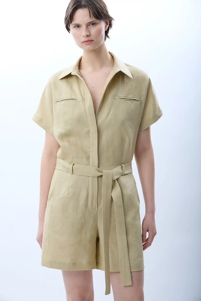 Gömlek Yaka Keten Tulum (Bej)