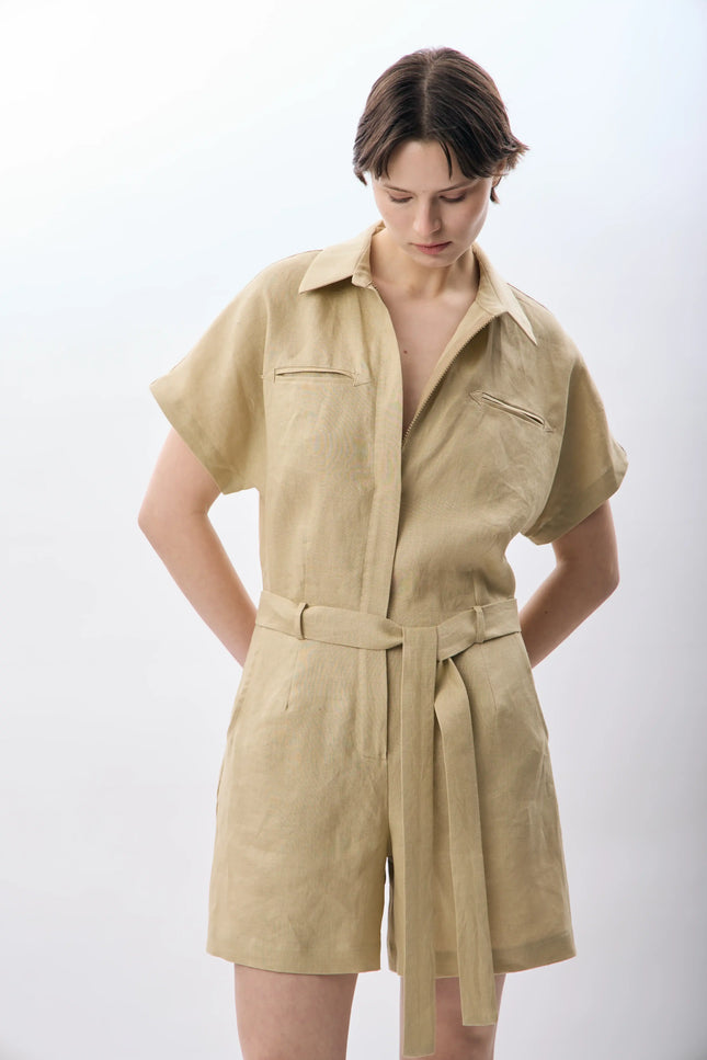 Gömlek Yaka Keten Tulum (Bej)