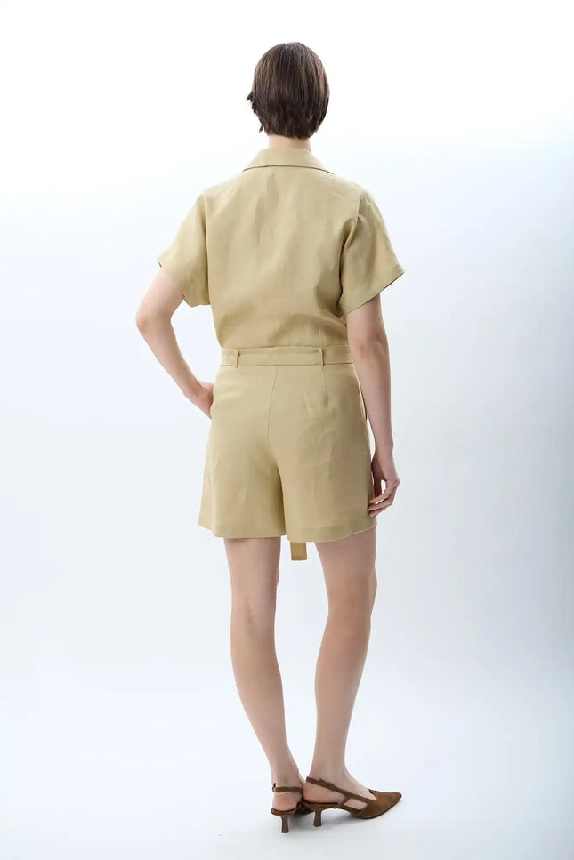 Gömlek Yaka Keten Tulum (Bej)