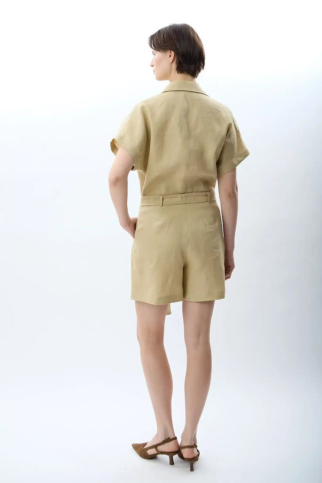 Gömlek Yaka Keten Tulum (Bej)