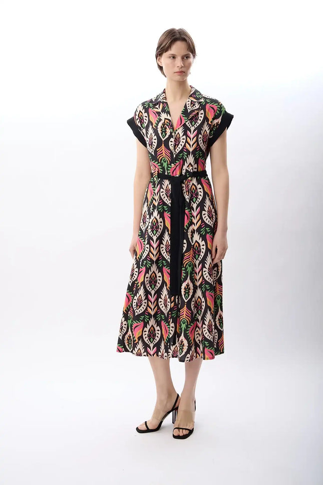 Kuşak Bağlamalı Gömlek Elbise (Desenli)