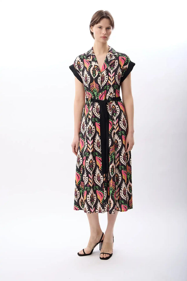 Kuşak Bağlamalı Gömlek Elbise (Desenli)