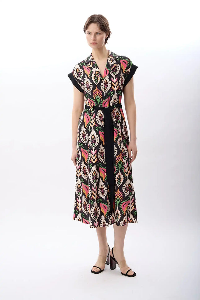 Kuşak Bağlamalı Gömlek Elbise (Desenli)