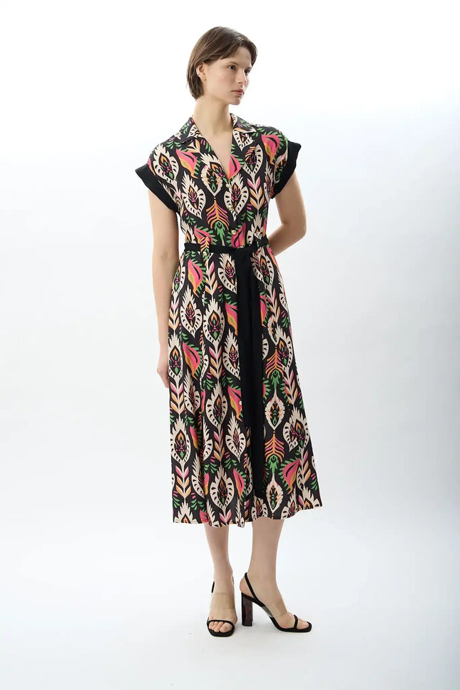 Kuşak Bağlamalı Gömlek Elbise (Desenli)