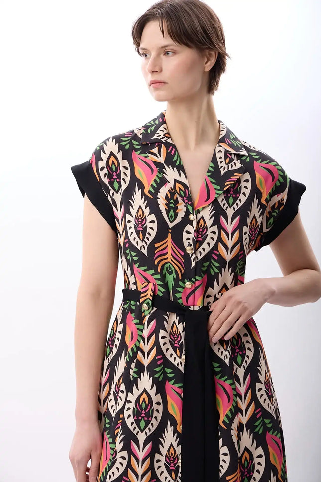 Kuşak Bağlamalı Gömlek Elbise (Desenli)