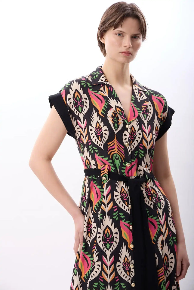 Kuşak Bağlamalı Gömlek Elbise (Desenli)