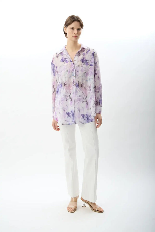 Uzun Kollu Çiçek Desenli Gömlek (Lila)