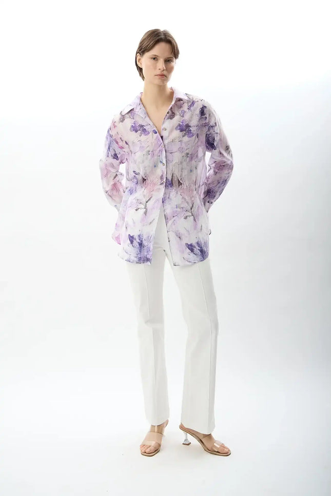 Uzun Kollu Çiçek Desenli Gömlek (Lila)