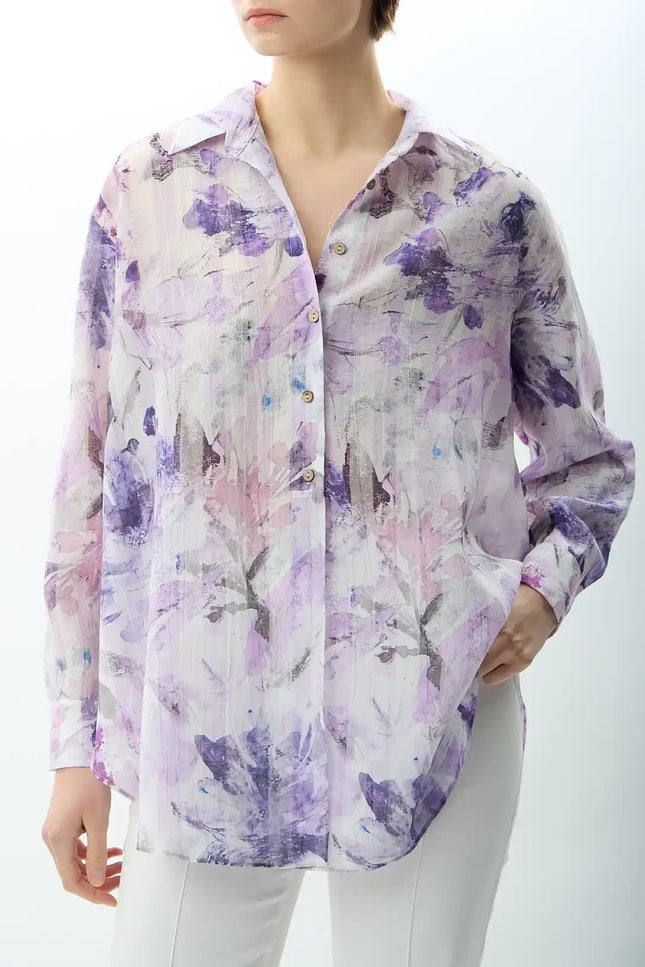 Uzun Kollu Çiçek Desenli Gömlek (Lila)