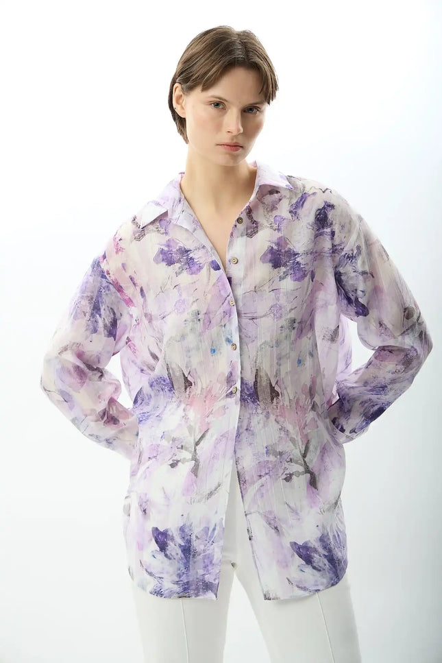 Uzun Kollu Çiçek Desenli Gömlek (Lila)