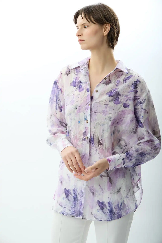 Uzun Kollu Çiçek Desenli Gömlek (Lila)