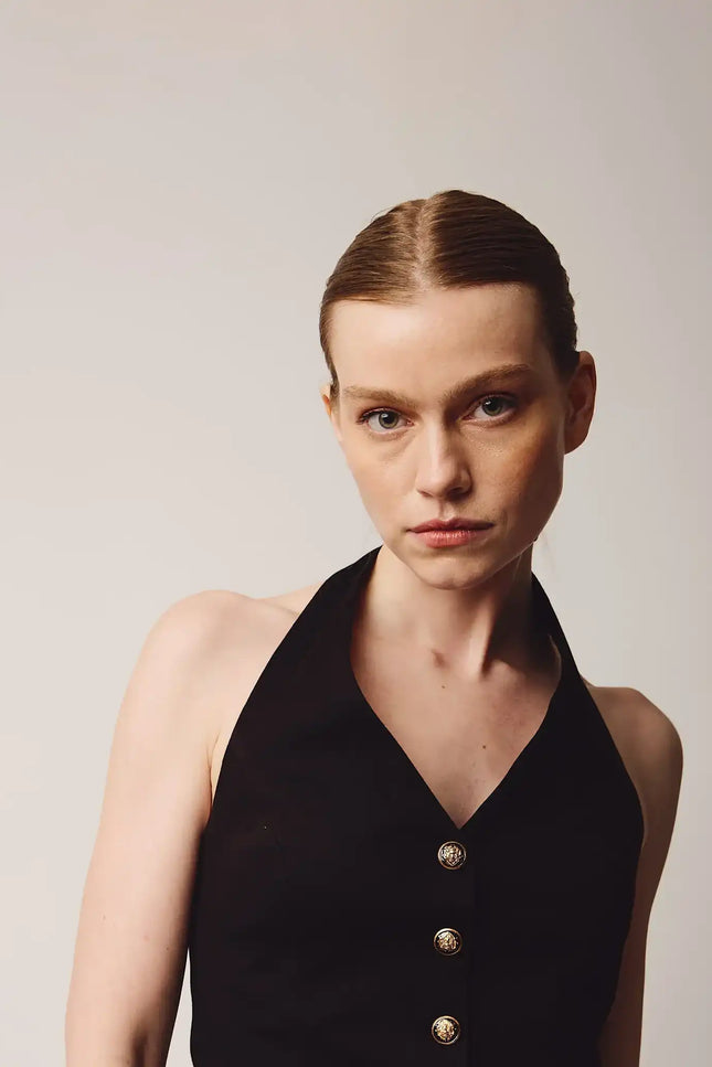 Halter Yaka Düğmeli Yelek (Siyah)