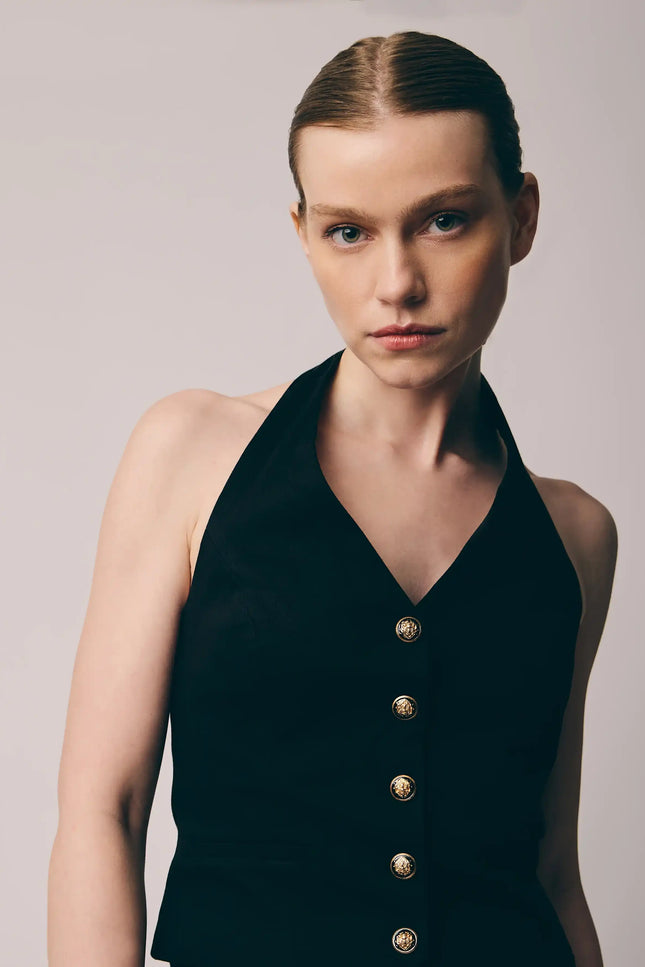 Halter Yaka Düğmeli Yelek (Siyah)